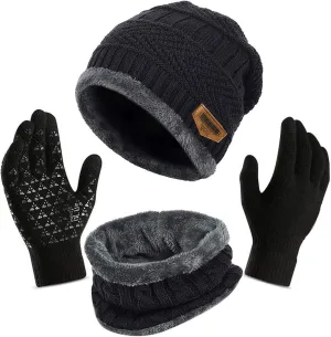 Winter Knit Hat Scarf and Touchscreen Gloves Set for Men & Women Stretch Warm Fleece Lined Cap Neck Warmer Mens
