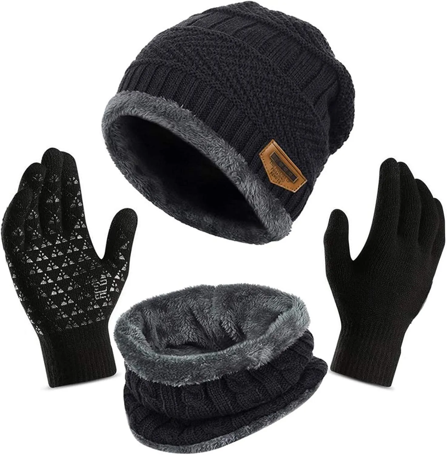 Winter Knit Hat Scarf and Touchscreen Gloves Set for Men & Women Stretch Warm Fleece Lined Cap Neck Warmer Mens