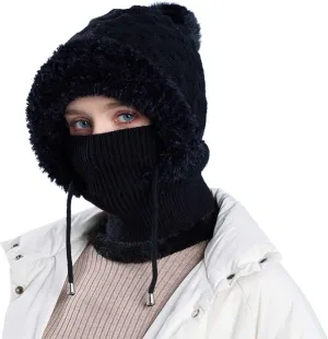 Winter Pompom Beanie Hat Scarf Face Mask Set Warm Fleece Lined Knit Hooded Balaclava Neck Warmer Skull Cap Warmer Skull Cap