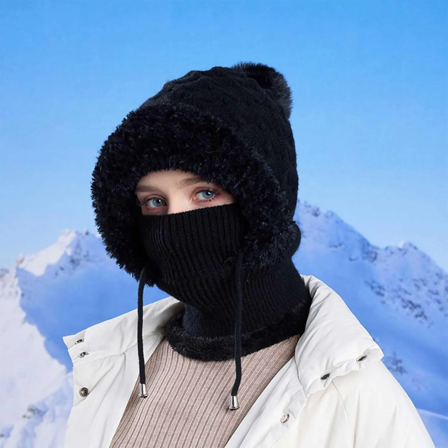 Winter Pompom Beanie Hat Scarf Face Mask Set Warm Fleece Lined Knit Hooded Balaclava Neck Warmer Skull Cap Warmer Skull Cap