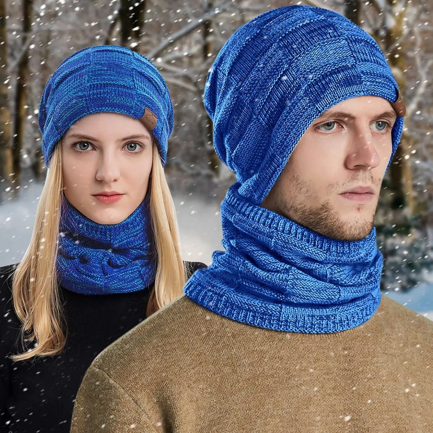 Winter Windproof Beanie Hat Scarf Slouchy Warm Knit Beanie Hat for Men Women Cable Knit Watch Cap Neck Gaiter Scarf Set