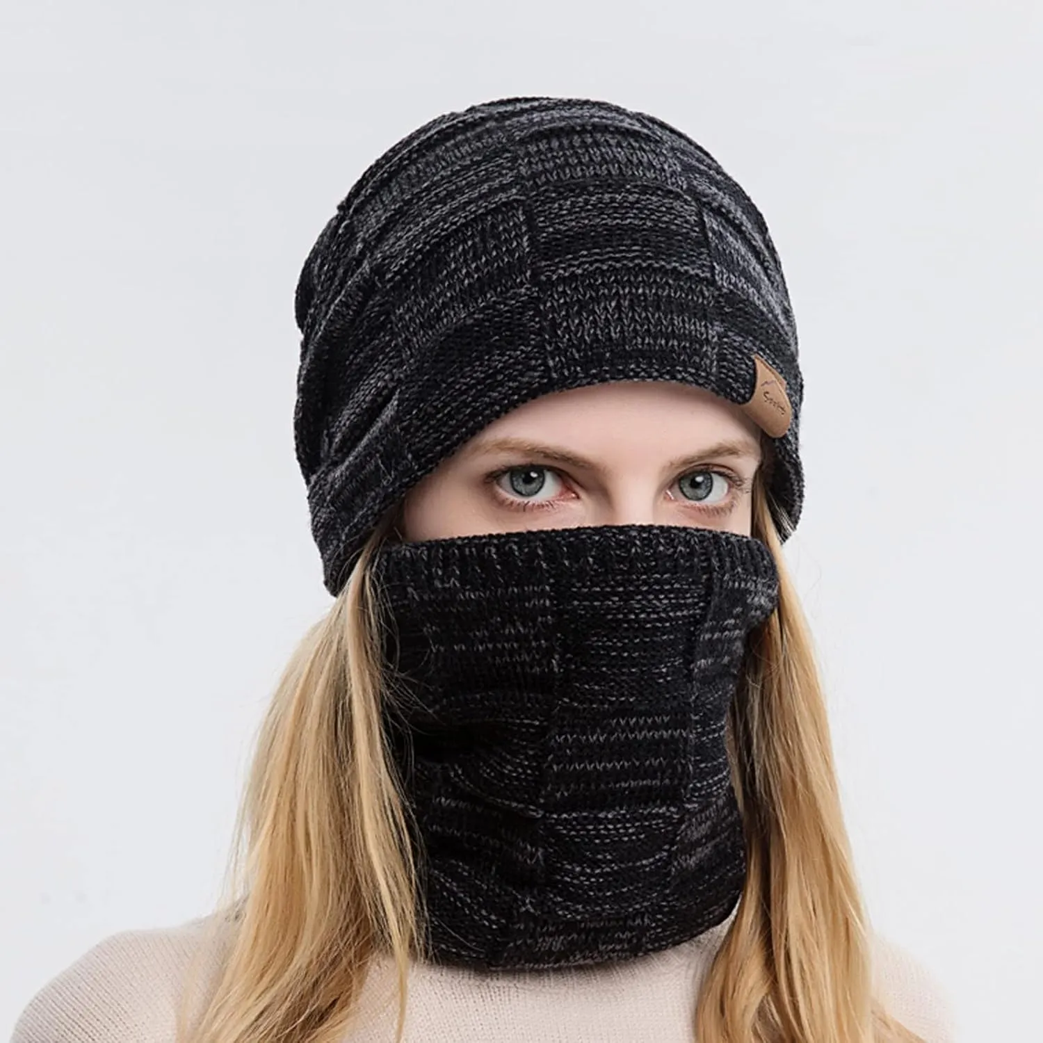 Winter Windproof Beanie Hat Scarf Slouchy Warm Knit Beanie Hat for Men Women Cable Knit Watch Cap Neck Gaiter Scarf Set