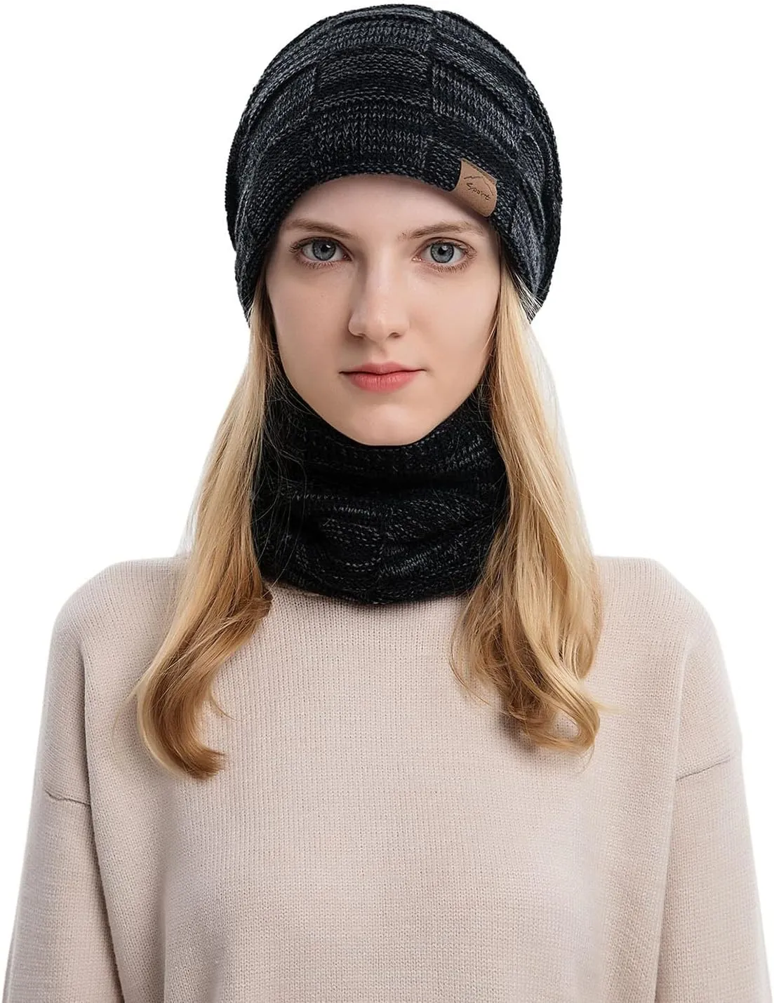 Winter Windproof Beanie Hat Scarf Slouchy Warm Knit Beanie Hat for Men Women Cable Knit Watch Cap Neck Gaiter Scarf Set