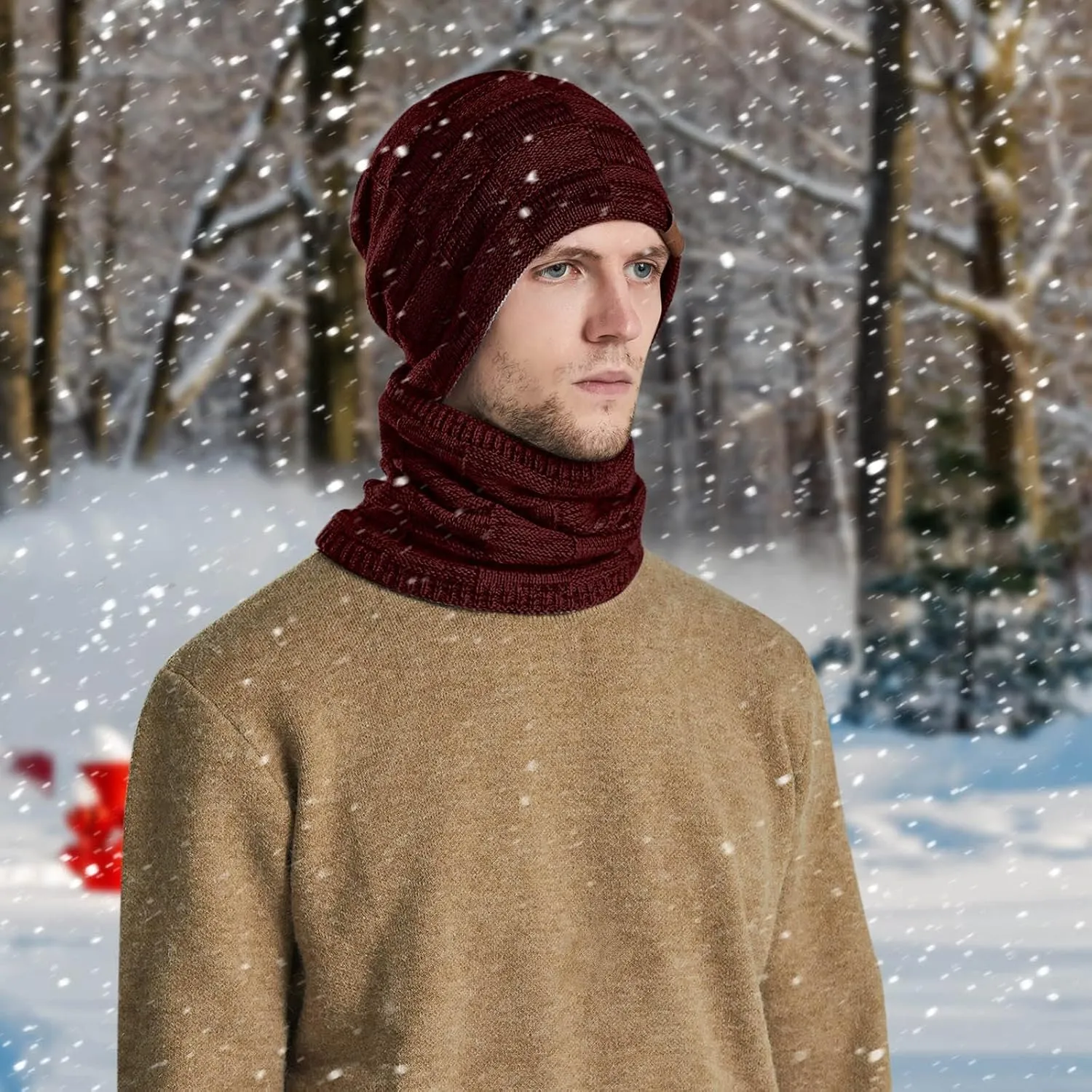Winter Windproof Beanie Hat Scarf Slouchy Warm Knit Beanie Hat for Men Women Cable Knit Watch Cap Neck Gaiter Scarf Set