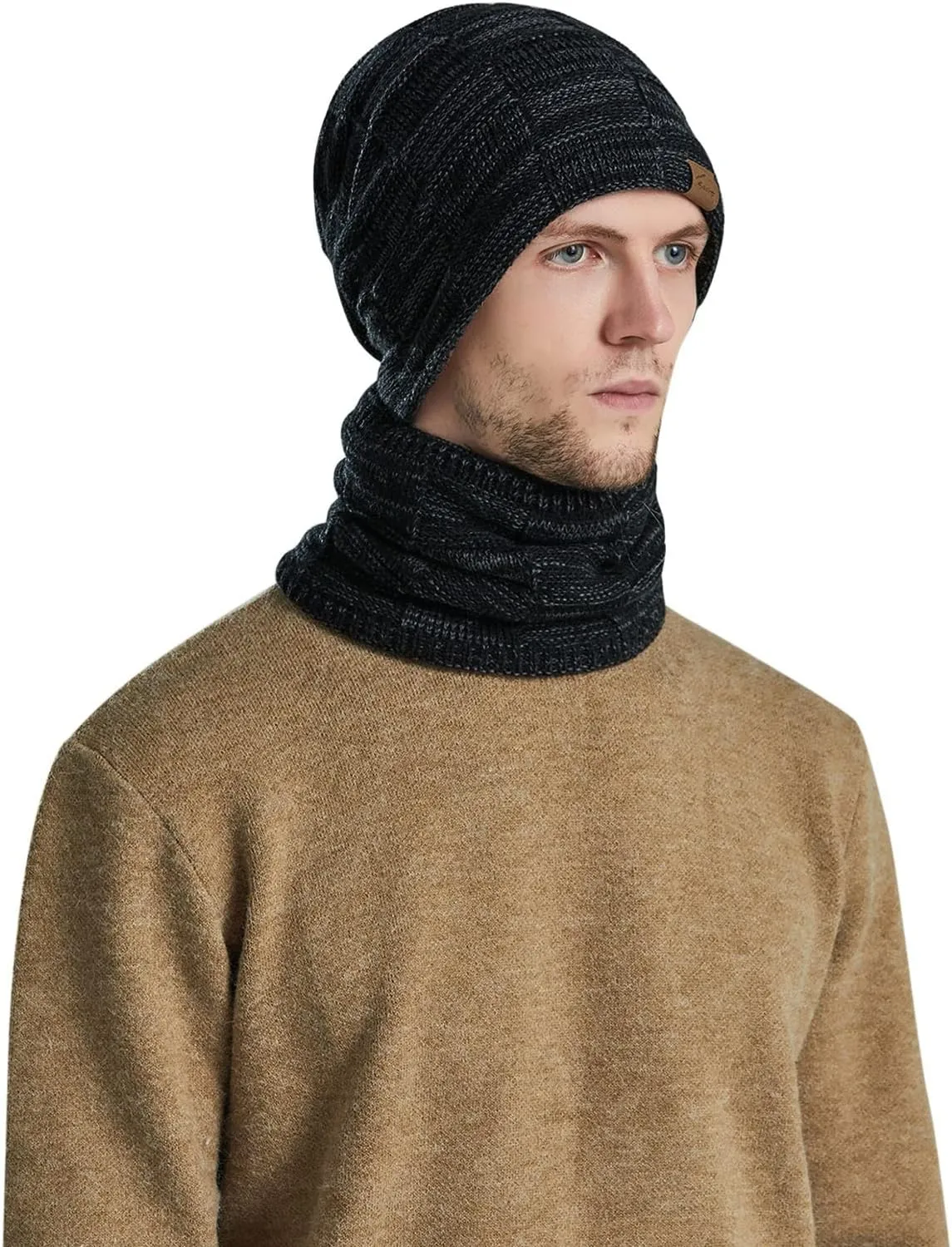 Winter Windproof Beanie Hat Scarf Slouchy Warm Knit Beanie Hat for Men Women Cable Knit Watch Cap Neck Gaiter Scarf Set