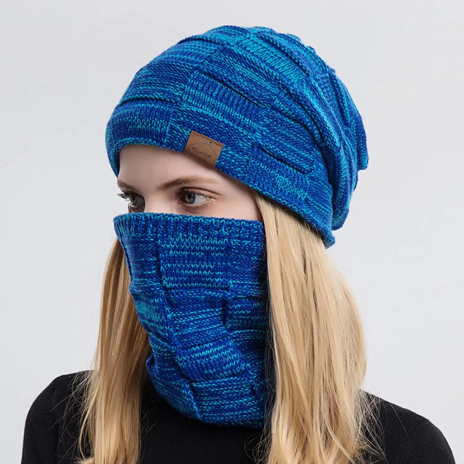 Winter Windproof Beanie Hat Scarf Slouchy Warm Knit Beanie Hat for Men Women Cable Knit Watch Cap Neck Gaiter Scarf Set