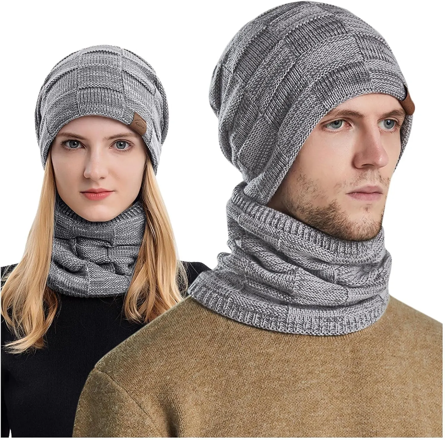 Winter Windproof Beanie Hat Scarf Slouchy Warm Knit Beanie Hat for Men Women Cable Knit Watch Cap Neck Gaiter Scarf Set