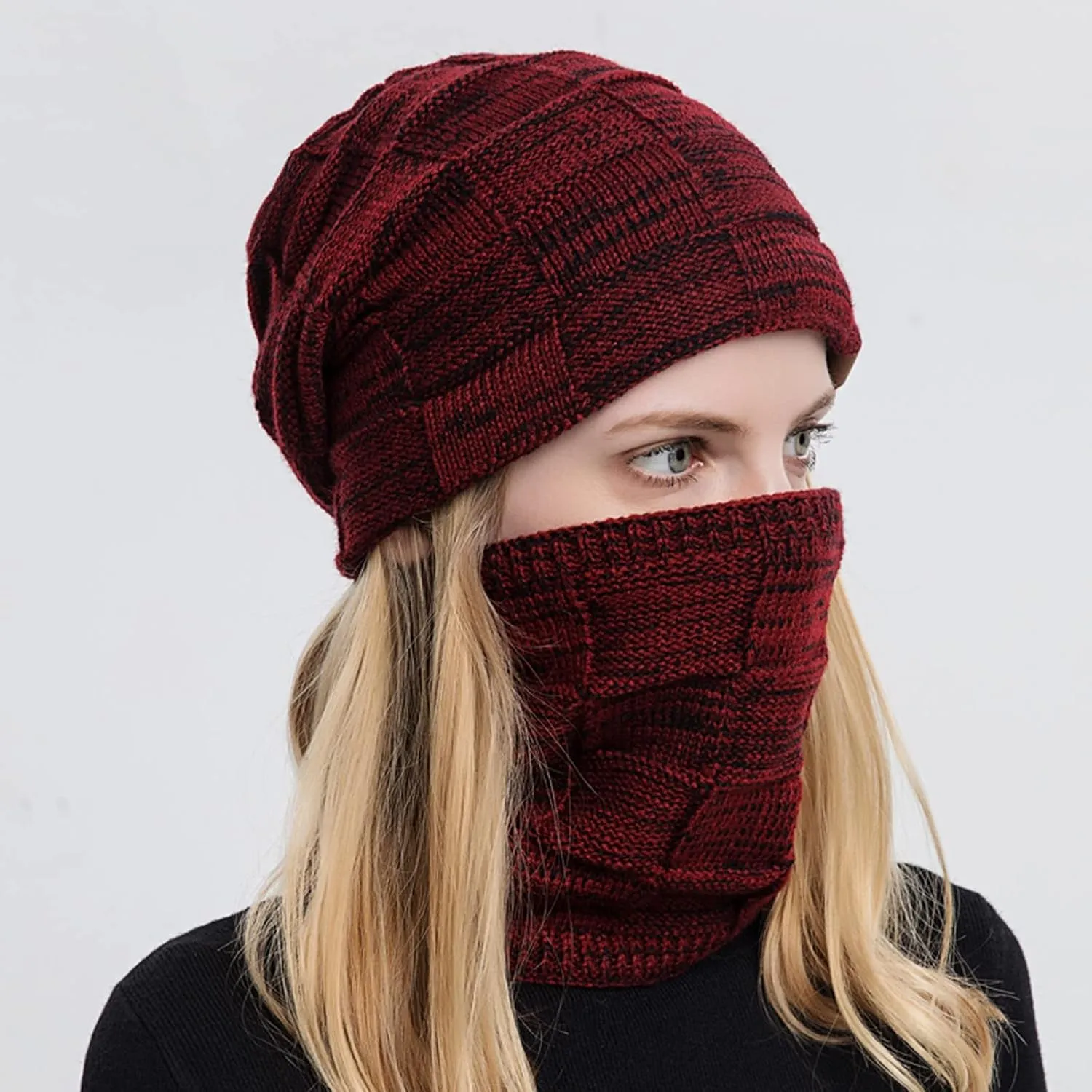 Winter Windproof Beanie Hat Scarf Slouchy Warm Knit Beanie Hat for Men Women Cable Knit Watch Cap Neck Gaiter Scarf Set
