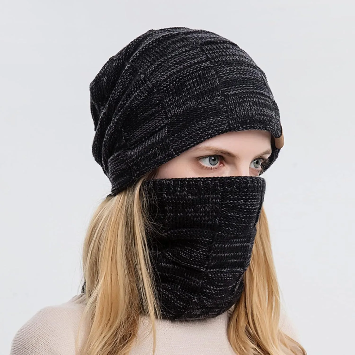 Winter Windproof Beanie Hat Scarf Slouchy Warm Knit Beanie Hat for Men Women Cable Knit Watch Cap Neck Gaiter Scarf Set