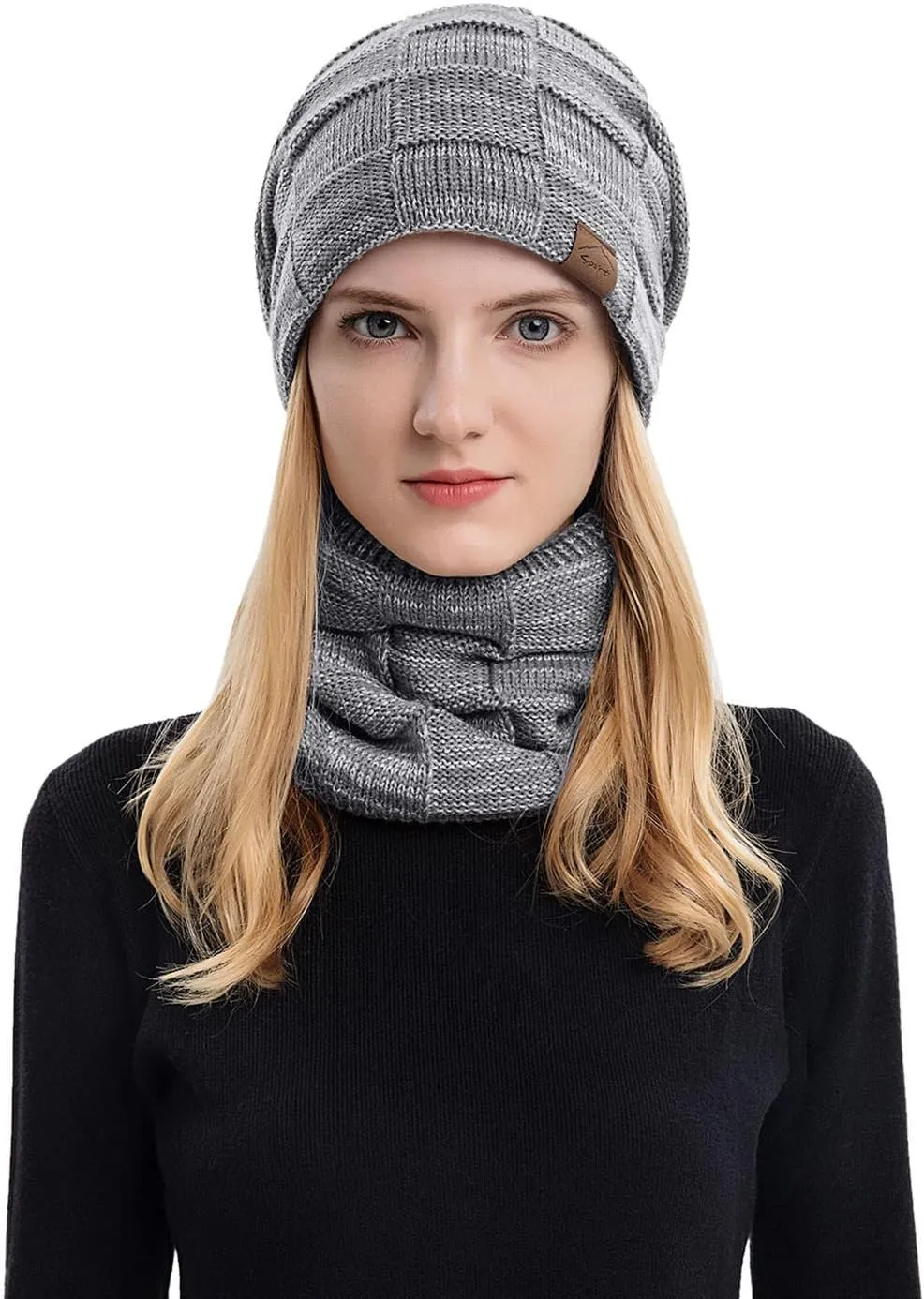 Winter Windproof Beanie Hat Scarf Slouchy Warm Knit Beanie Hat for Men Women Cable Knit Watch Cap Neck Gaiter Scarf Set