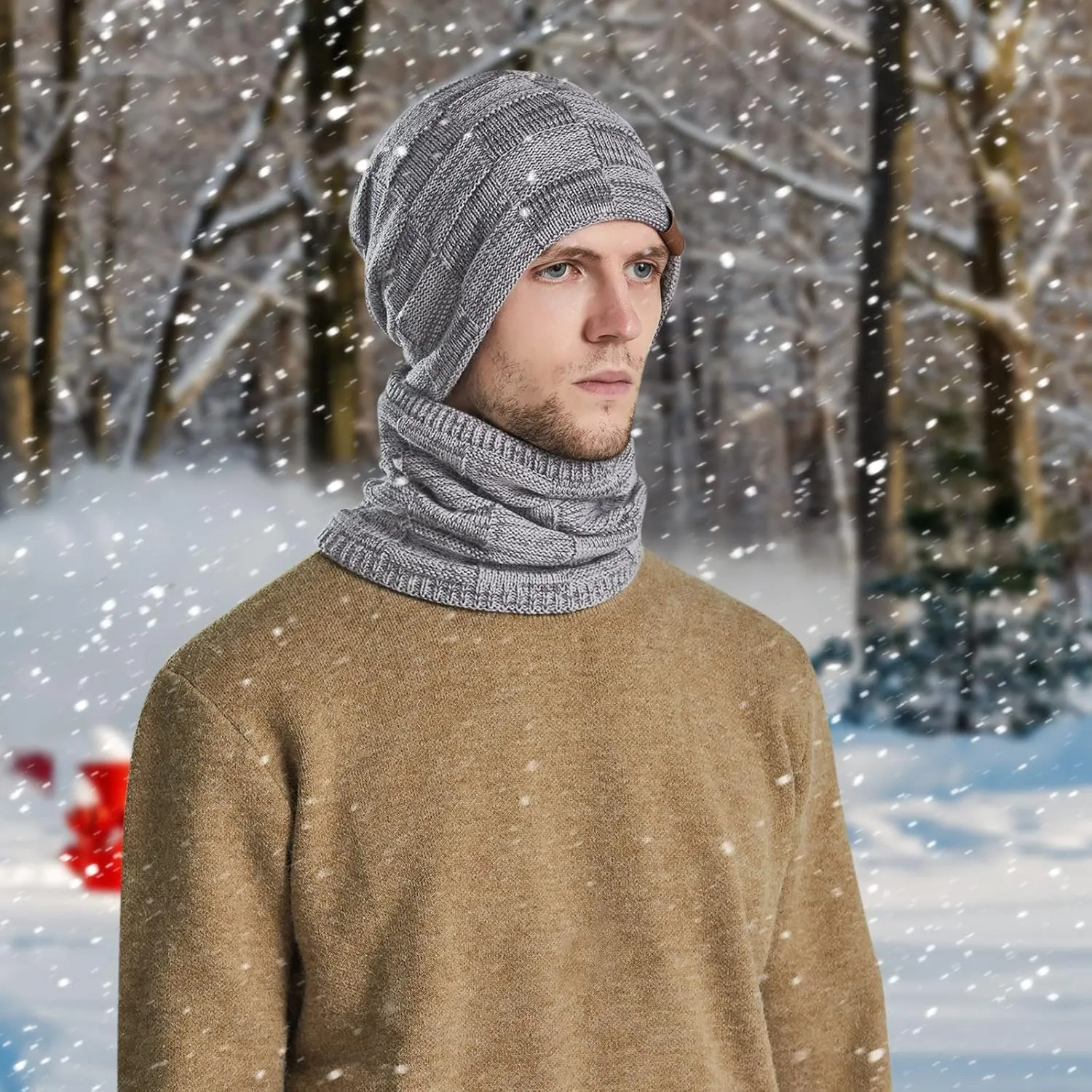 Winter Windproof Beanie Hat Scarf Slouchy Warm Knit Beanie Hat for Men Women Cable Knit Watch Cap Neck Gaiter Scarf Set