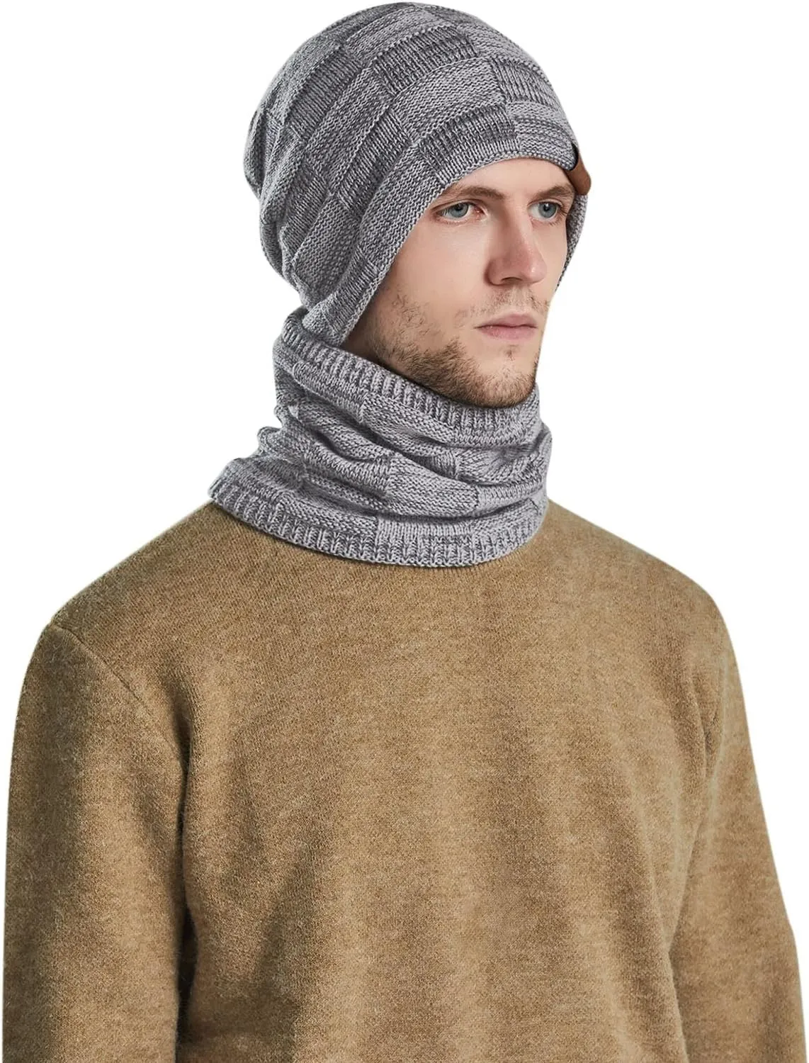 Winter Windproof Beanie Hat Scarf Slouchy Warm Knit Beanie Hat for Men Women Cable Knit Watch Cap Neck Gaiter Scarf Set