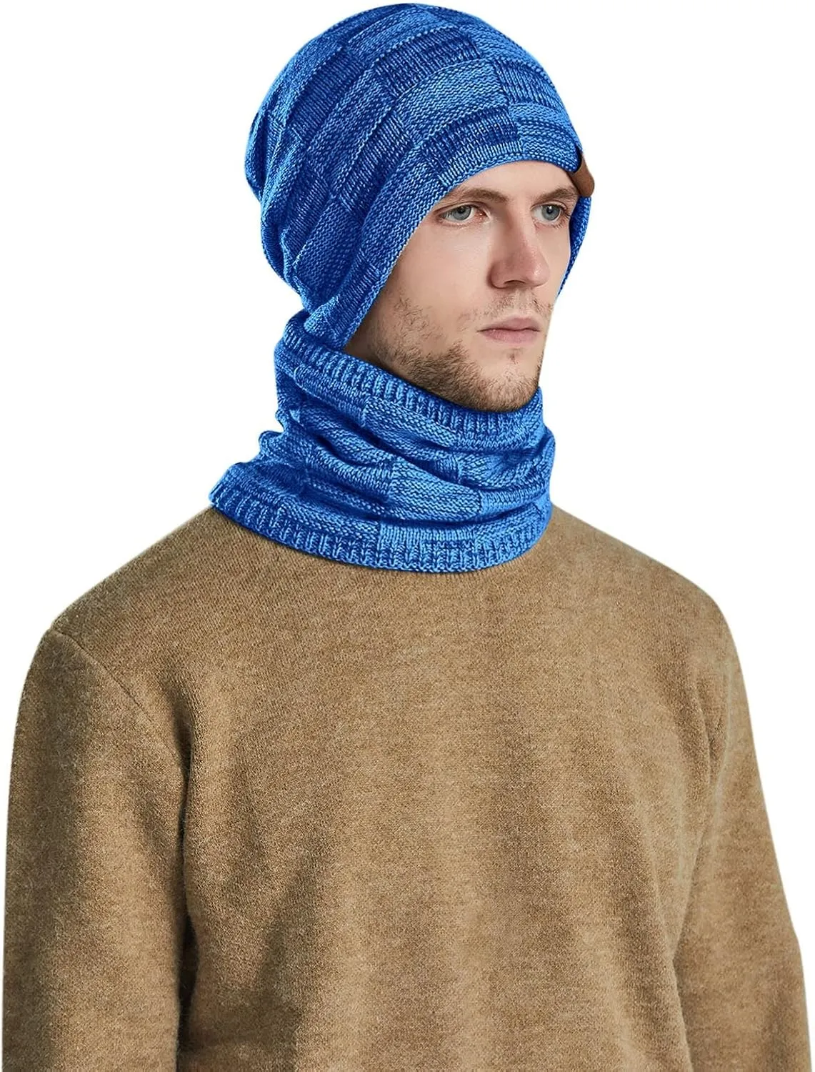 Winter Windproof Beanie Hat Scarf Slouchy Warm Knit Beanie Hat for Men Women Cable Knit Watch Cap Neck Gaiter Scarf Set
