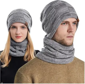 Winter Windproof Beanie Hat Scarf Slouchy Warm Knit Beanie Hat for Men Women Cable Knit Watch Cap Neck Gaiter Scarf Set