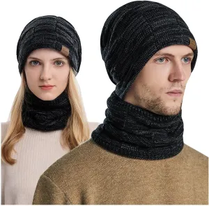 Winter Windproof Beanie Hat Scarf Slouchy Warm Knit Beanie Hat for Men Women Cable Knit Watch Cap Neck Gaiter Scarf Set