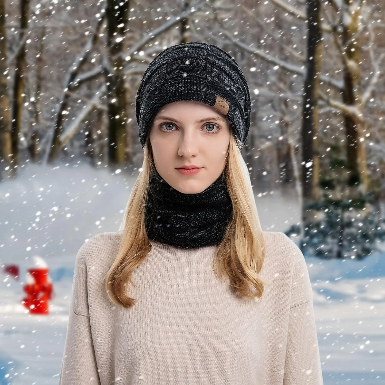 Winter Windproof Beanie Hat Scarf Slouchy Warm Knit Beanie Hat for Men Women Cable Knit Watch Cap Neck Gaiter Scarf Set