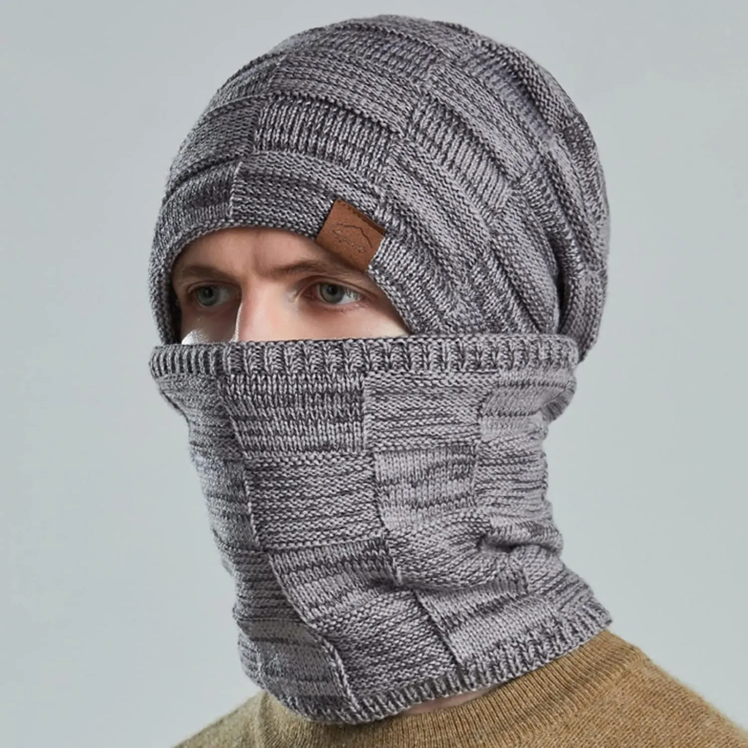 Winter Windproof Beanie Hat Scarf Slouchy Warm Knit Beanie Hat for Men Women Cable Knit Watch Cap Neck Gaiter Scarf Set