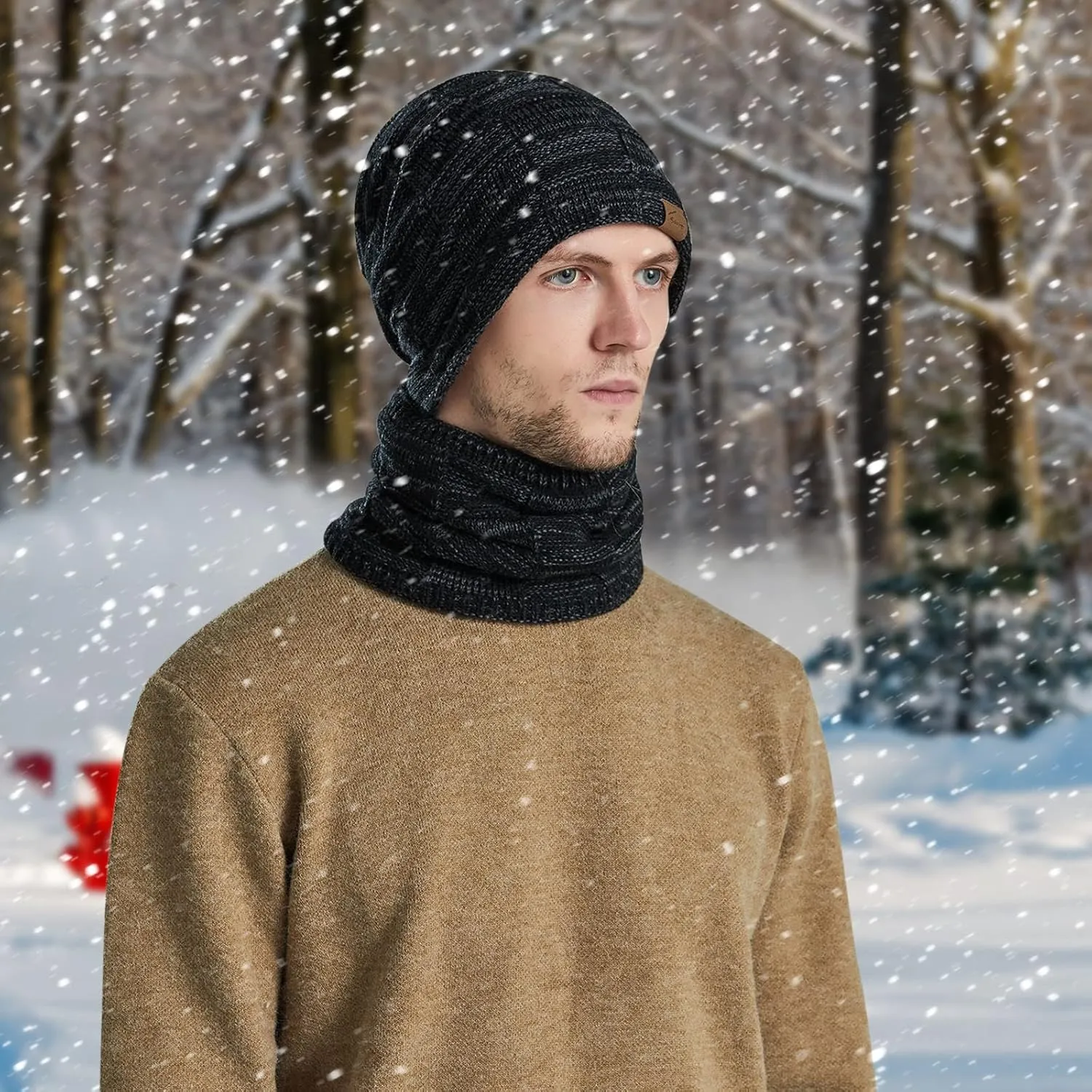 Winter Windproof Beanie Hat Scarf Slouchy Warm Knit Beanie Hat for Men Women Cable Knit Watch Cap Neck Gaiter Scarf Set