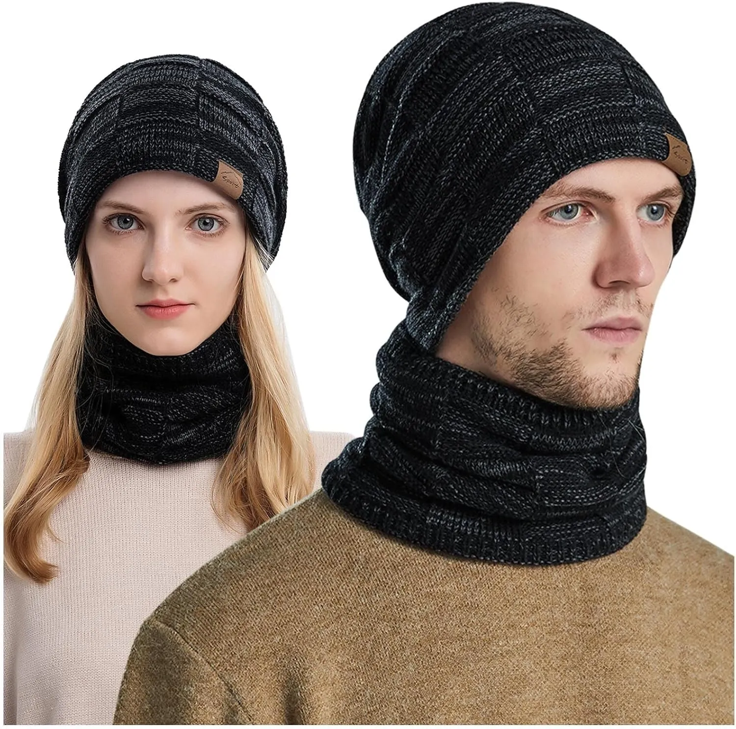 Winter Windproof Beanie Hat Scarf Slouchy Warm Knit Beanie Hat for Men Women Cable Knit Watch Cap Neck Gaiter Scarf Set