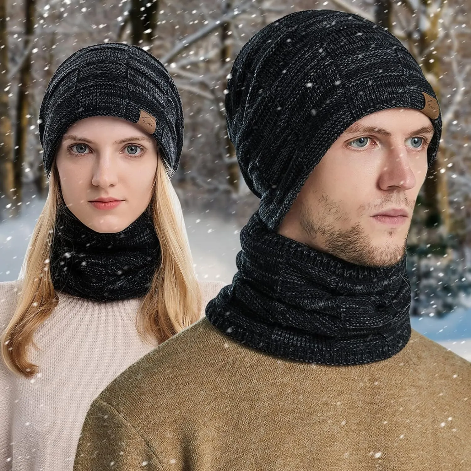 Winter Windproof Beanie Hat Scarf Slouchy Warm Knit Beanie Hat for Men Women Cable Knit Watch Cap Neck Gaiter Scarf Set