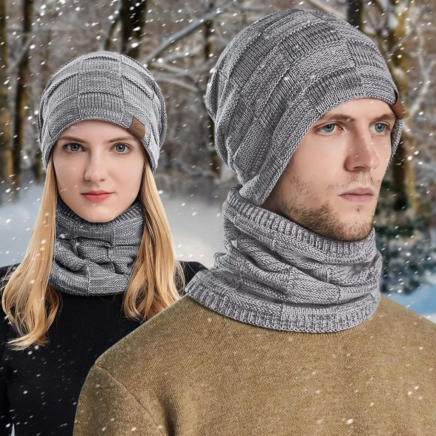 Winter Windproof Beanie Hat Scarf Slouchy Warm Knit Beanie Hat for Men Women Cable Knit Watch Cap Neck Gaiter Scarf Set