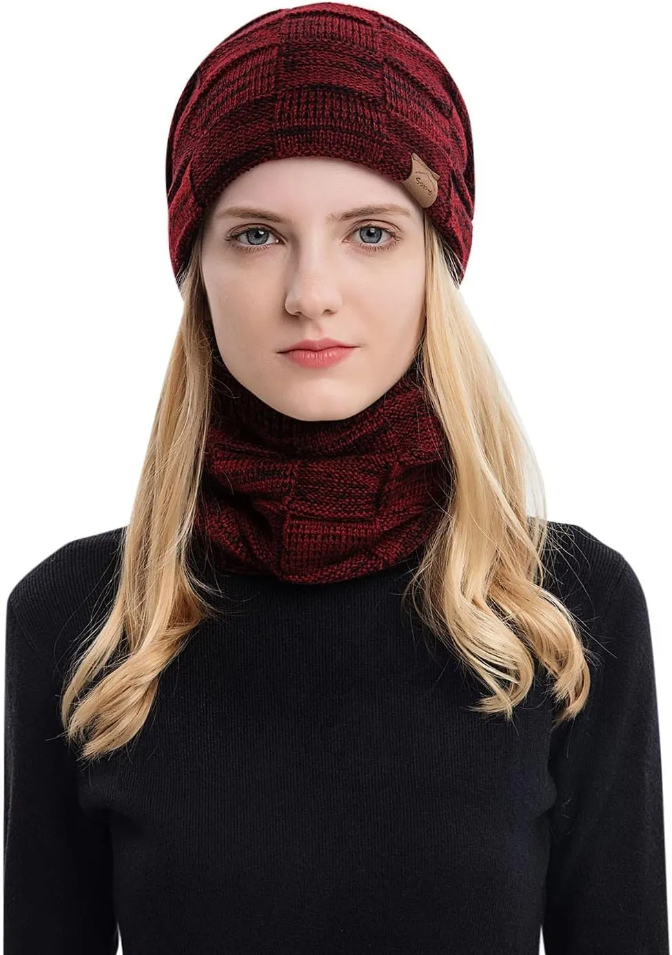 Winter Windproof Beanie Hat Scarf Slouchy Warm Knit Beanie Hat for Men Women Cable Knit Watch Cap Neck Gaiter Scarf Set