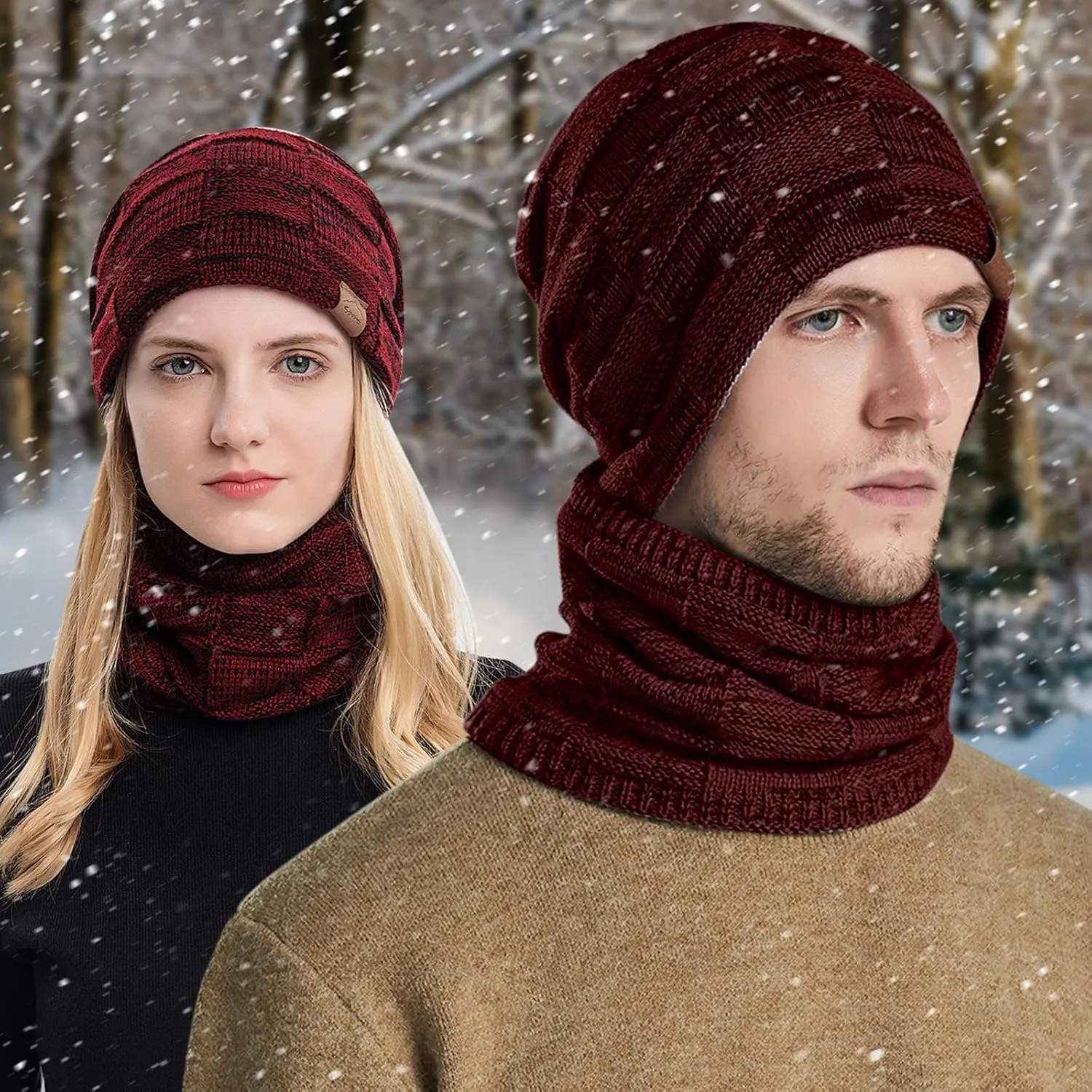 Winter Windproof Beanie Hat Scarf Slouchy Warm Knit Beanie Hat for Men Women Cable Knit Watch Cap Neck Gaiter Scarf Set