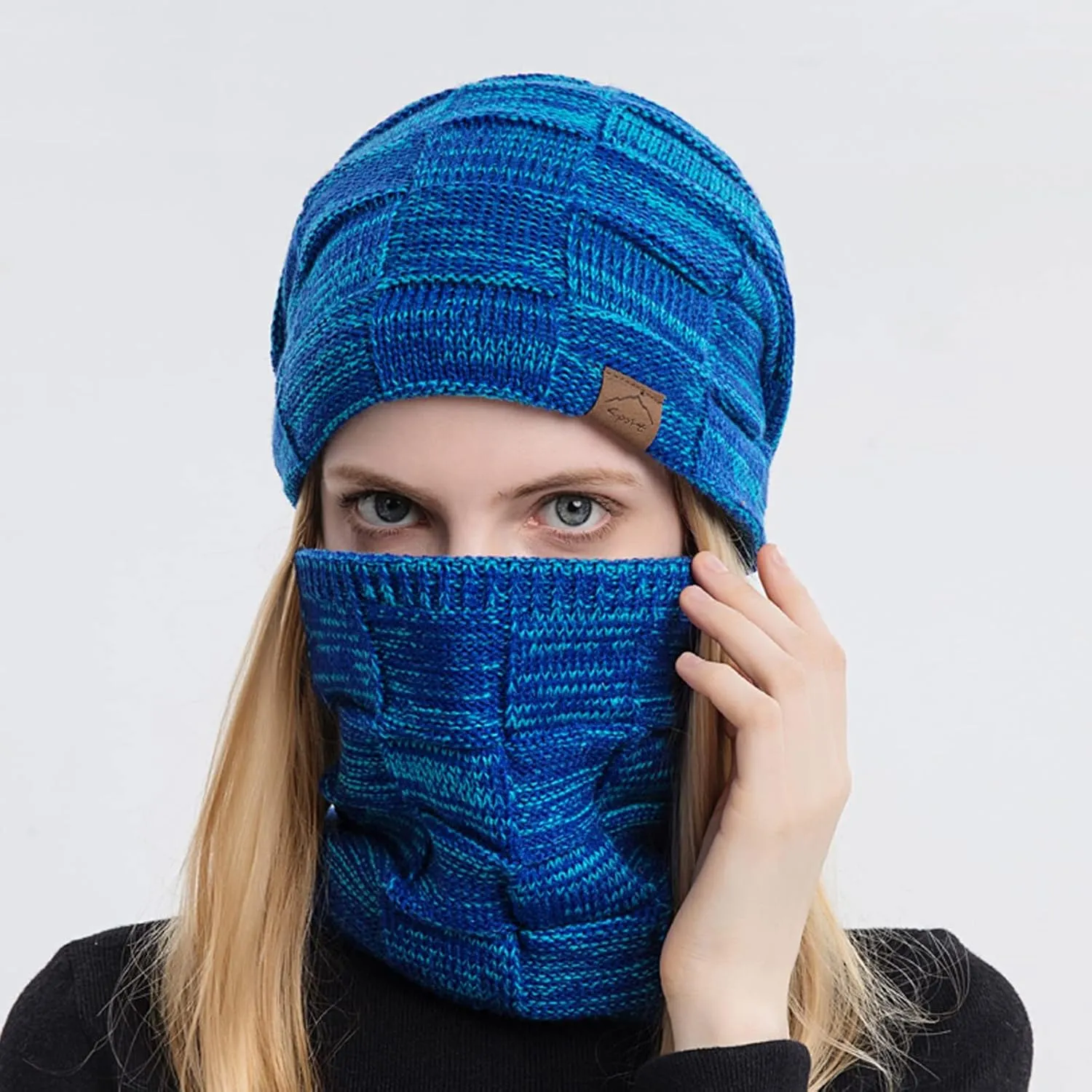 Winter Windproof Beanie Hat Scarf Slouchy Warm Knit Beanie Hat for Men Women Cable Knit Watch Cap Neck Gaiter Scarf Set
