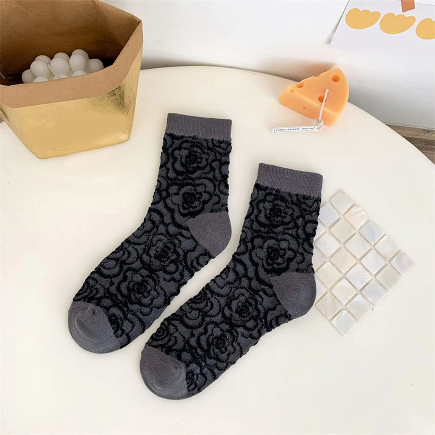 Women Color Matching Crew Socks Novelty Floral Print Socks Comfort Wicking Breathable Cotton Socks