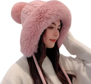 Women Fashion Winter Knitted Beanie Hat with Earflaps Faux Fur Pom Fleece Lined Thick Warm Ribbed Wide Brim Oversize Cap Pink