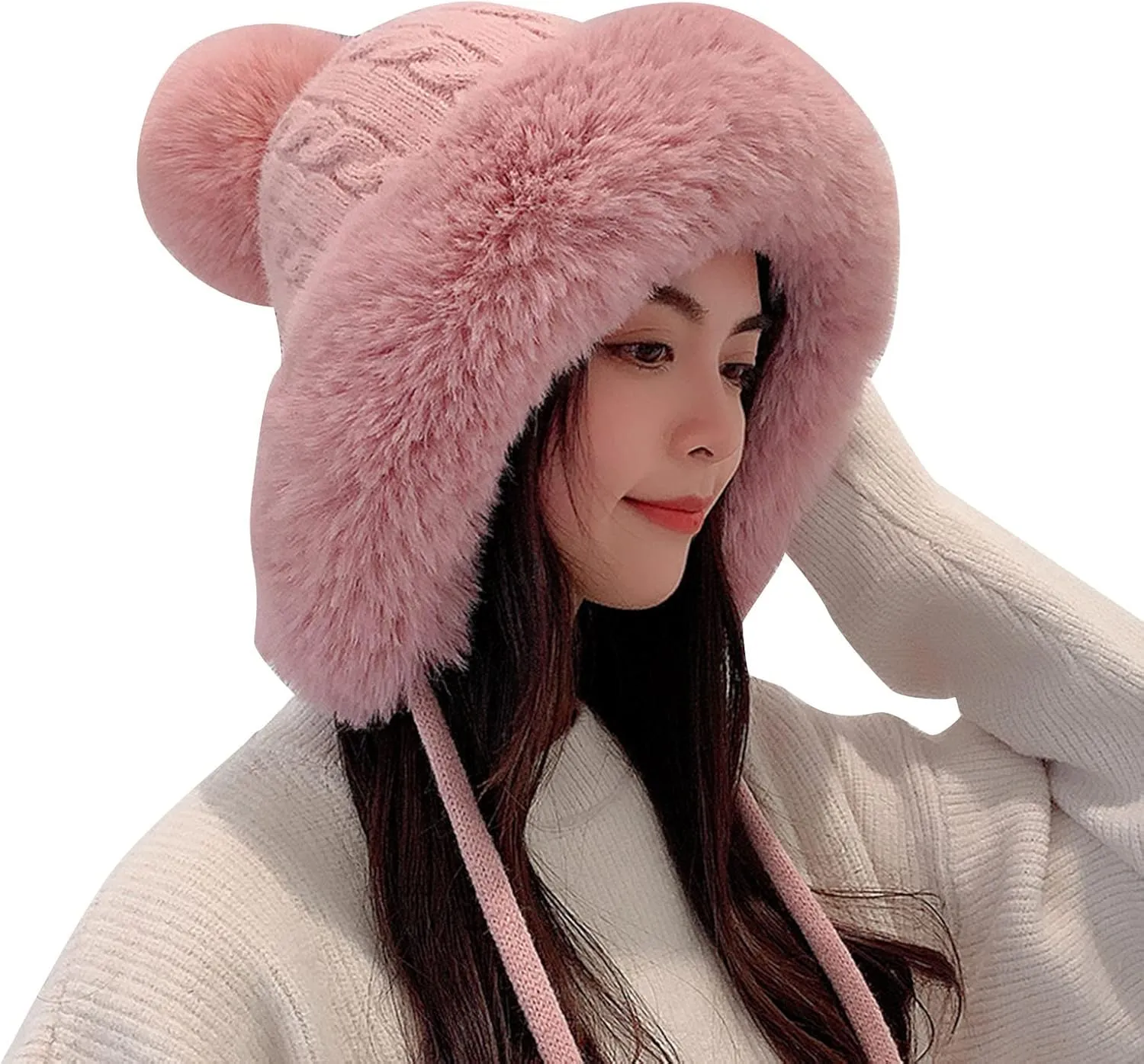 Women Fashion Winter Knitted Beanie Hat with Earflaps Faux Fur Pom Fleece Lined Thick Warm Ribbed Wide Brim Oversize Cap Pink