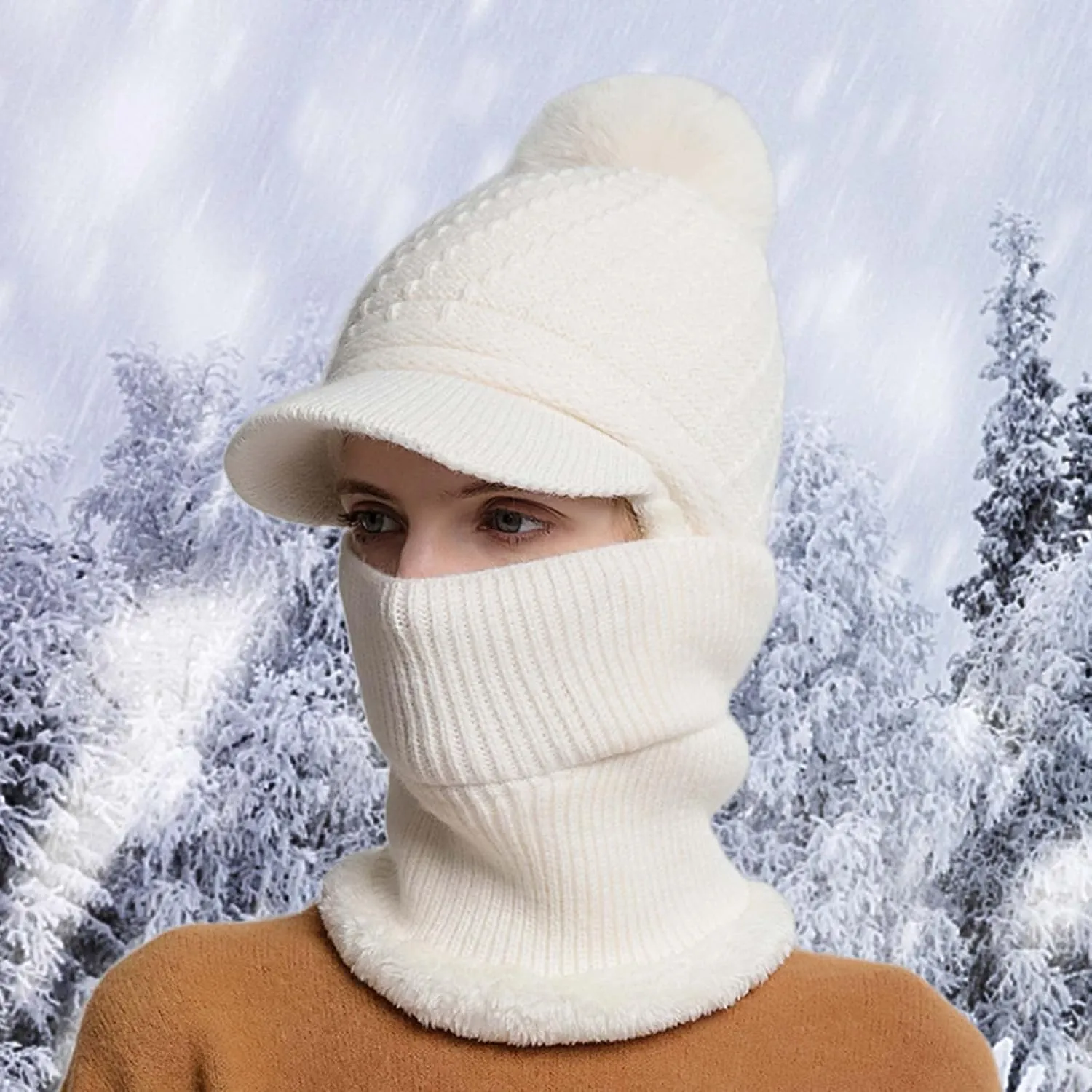 Women Knit Beanie Hat Scarf Mouth Cover Set Warm Knit Neck Warmer Cap Winter Warm Elastic Hat Ear Flaps Hat Ear Flaps