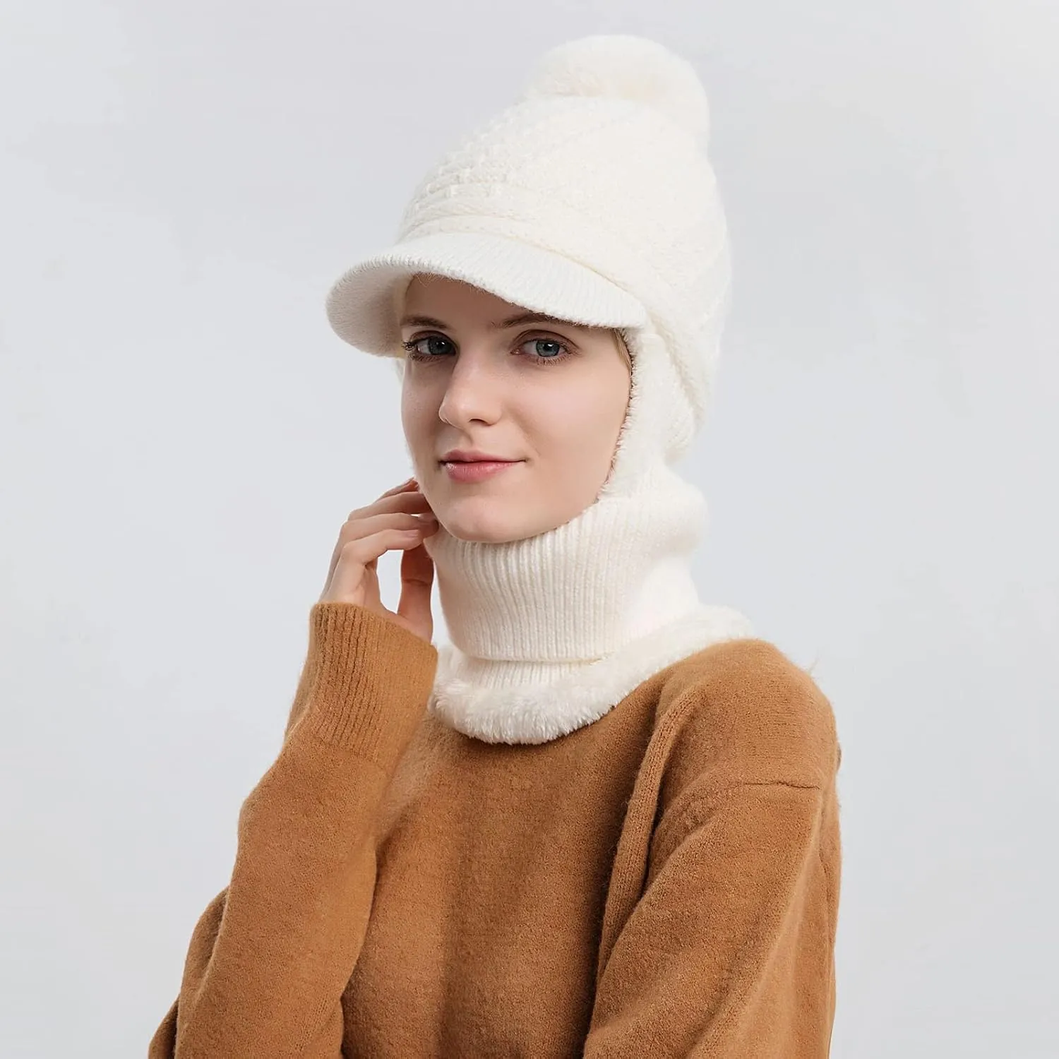 Women Knit Beanie Hat Scarf Mouth Cover Set Warm Knit Neck Warmer Cap Winter Warm Elastic Hat Ear Flaps Hat Ear Flaps