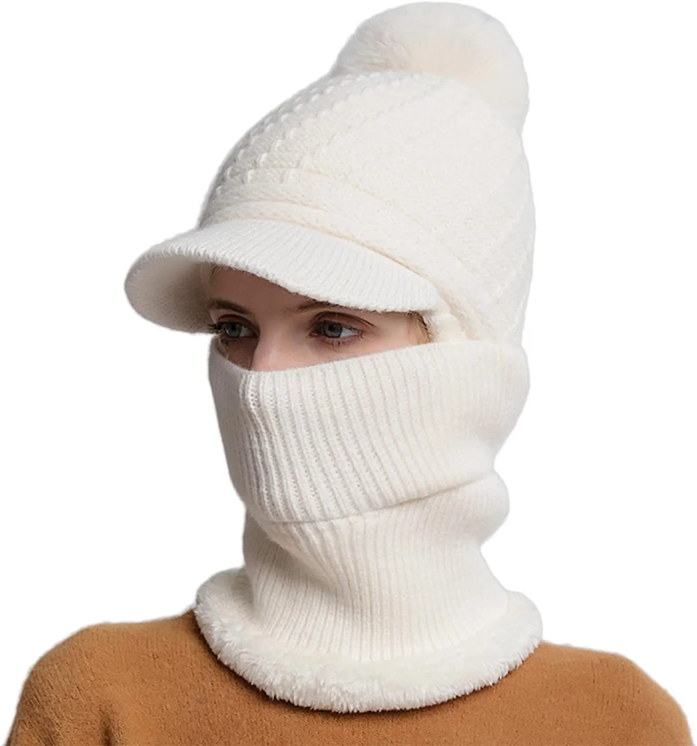 Women Knit Beanie Hat Scarf Mouth Cover Set Warm Knit Neck Warmer Cap Winter Warm Elastic Hat Ear Flaps Hat Ear Flaps