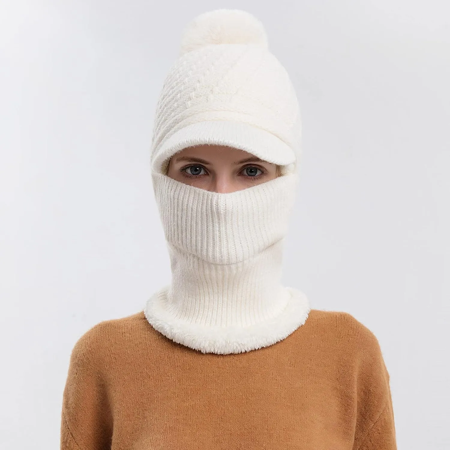 Women Knit Beanie Hat Scarf Mouth Cover Set Warm Knit Neck Warmer Cap Winter Warm Elastic Hat Ear Flaps Hat Ear Flaps