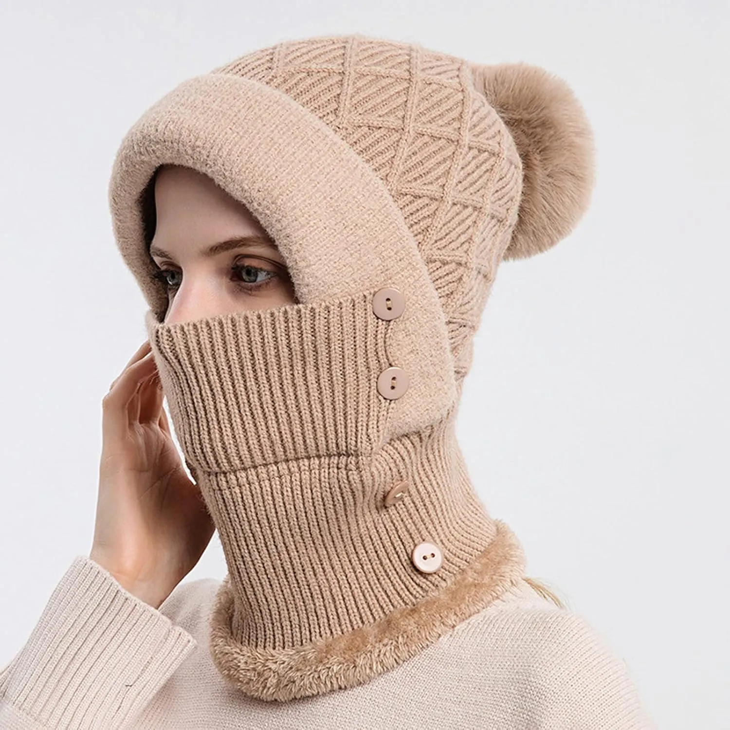 Women One Piece Fleece Lined Beanie Hat Scarf Mask Set Winter Slouchy Knitted Hat Thick Skull Ski Cap with Pom Cap with Pom