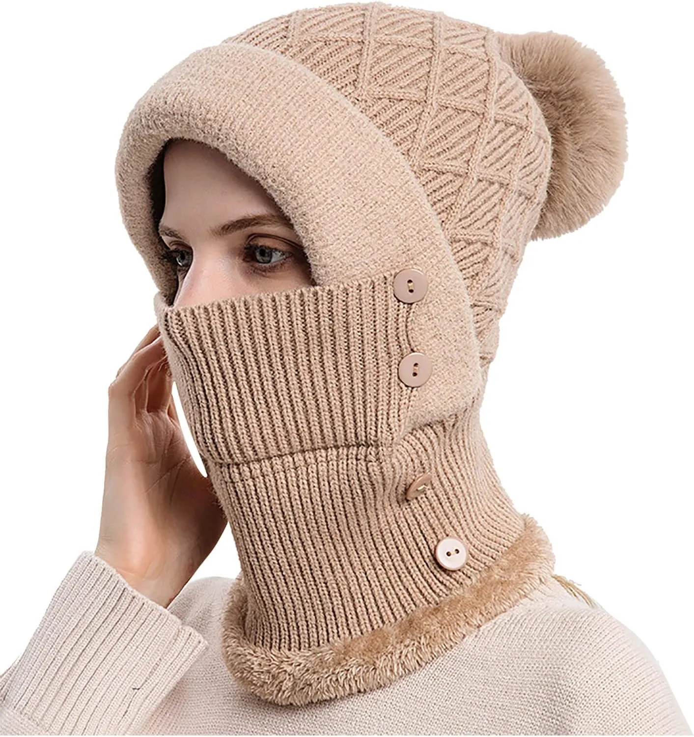 Women One Piece Fleece Lined Beanie Hat Scarf Mask Set Winter Slouchy Knitted Hat Thick Skull Ski Cap with Pom Cap with Pom