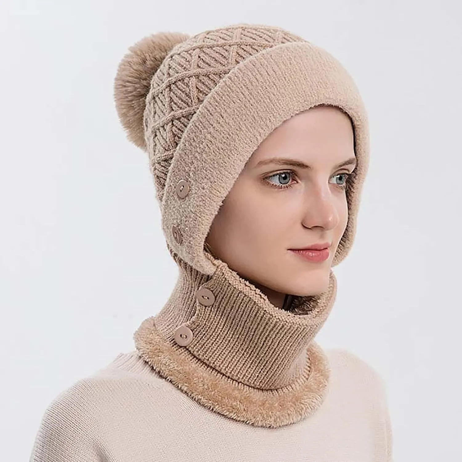 Women One Piece Fleece Lined Beanie Hat Scarf Mask Set Winter Slouchy Knitted Hat Thick Skull Ski Cap with Pom Cap with Pom