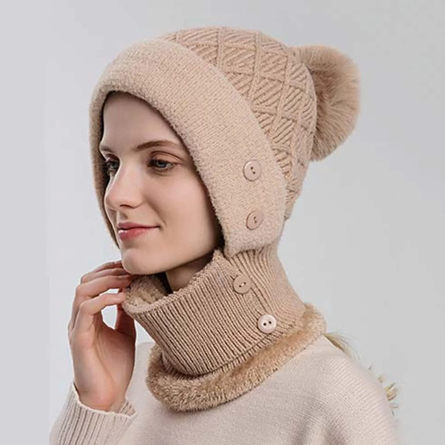 Women One Piece Fleece Lined Beanie Hat Scarf Mask Set Winter Slouchy Knitted Hat Thick Skull Ski Cap with Pom Cap with Pom