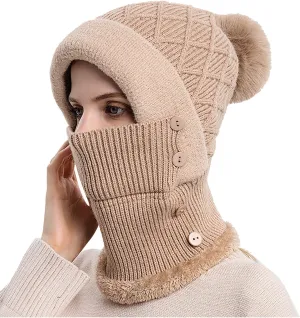 Women One Piece Fleece Lined Beanie Hat Scarf Mask Set Winter Slouchy Knitted Hat Thick Skull Ski Cap with Pom Cap with Pom