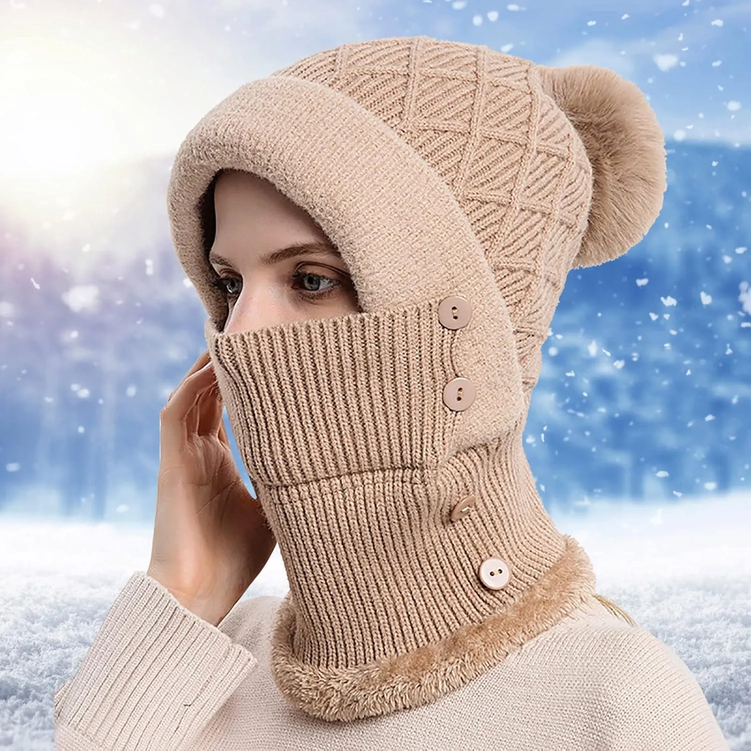 Women One Piece Fleece Lined Beanie Hat Scarf Mask Set Winter Slouchy Knitted Hat Thick Skull Ski Cap with Pom Cap with Pom