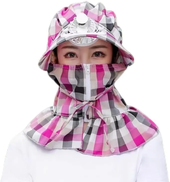 Women Outdoor Sun Hat with Lanyard Cotton Uv Protective Wide Brim Hat with Rechargeable Fan Hot Pink