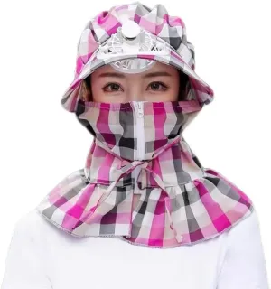 Women Outdoor Sun Hat with Lanyard Cotton Uv Protective Wide Brim Hat with Rechargeable Fan Hot Pink
