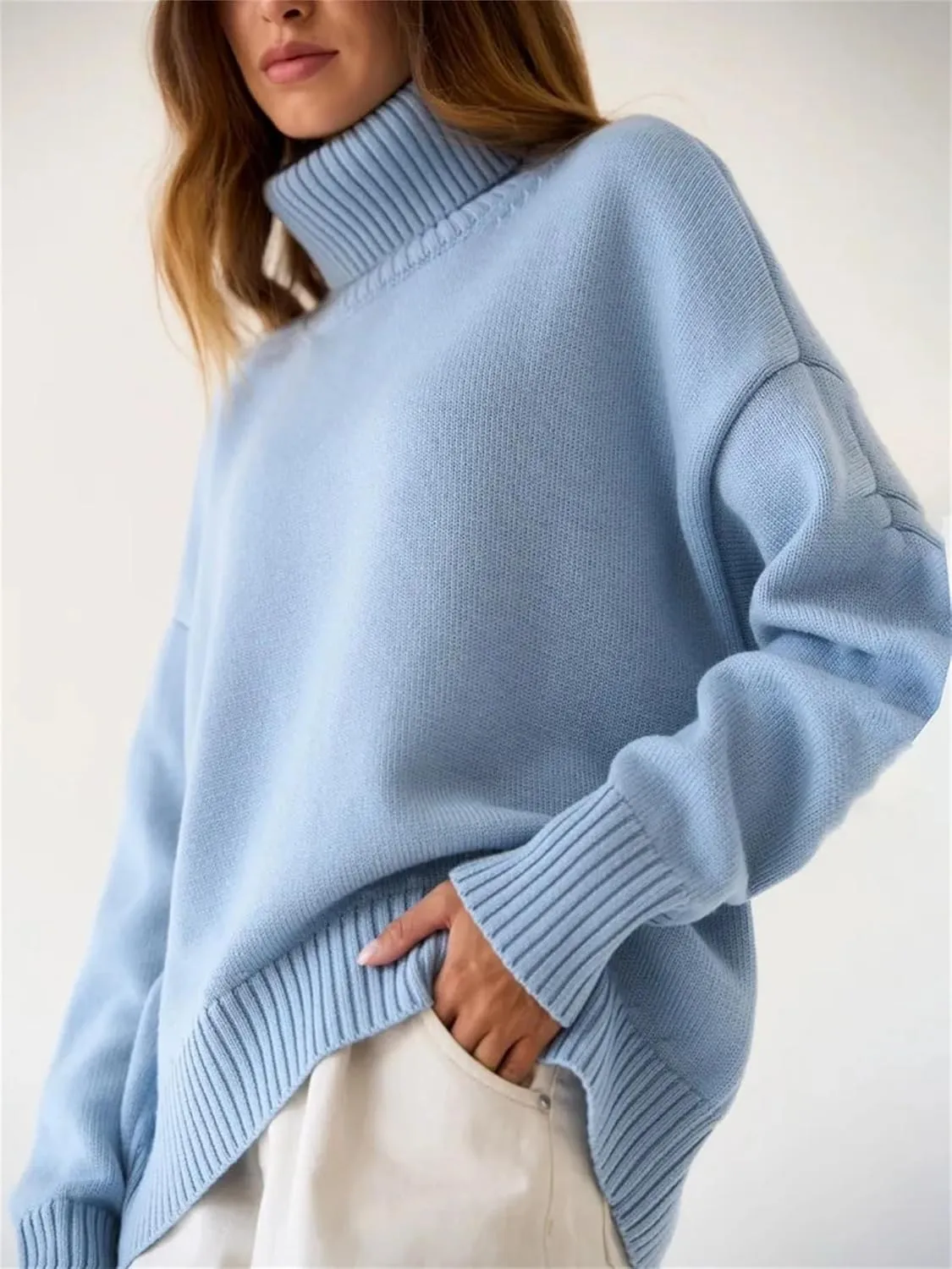 Women Patchwork Loose Solid Turtleneck Pullover Sweater Autumn Casual Long Sleeve Slim Oversized Sweater
