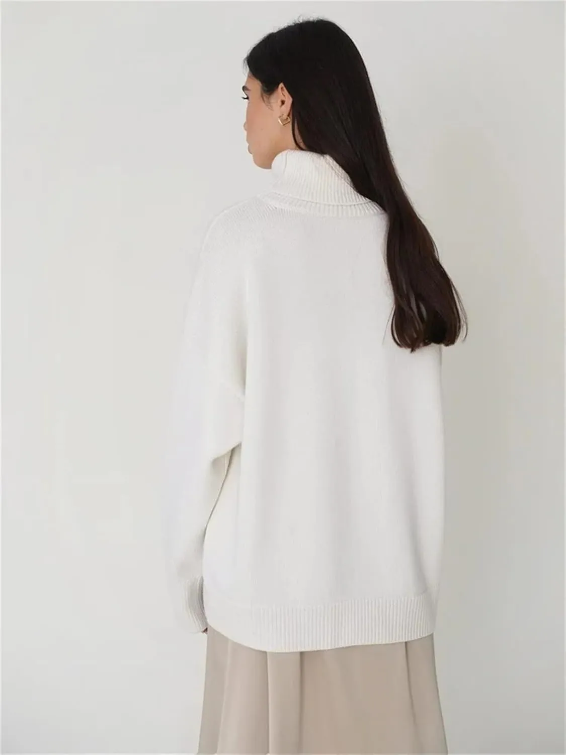 Women Patchwork Loose Solid Turtleneck Pullover Sweater Autumn Casual Long Sleeve Slim Oversized Sweater