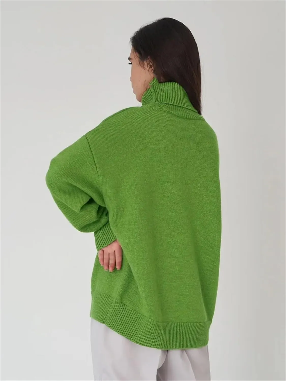 Women Patchwork Loose Solid Turtleneck Pullover Sweater Autumn Casual Long Sleeve Slim Oversized Sweater