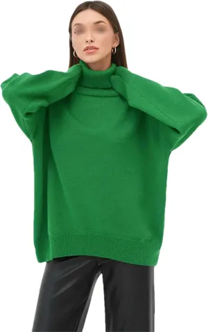 Women Patchwork Loose Solid Turtleneck Pullover Sweater Autumn Casual Long Sleeve Slim Oversized Sweater