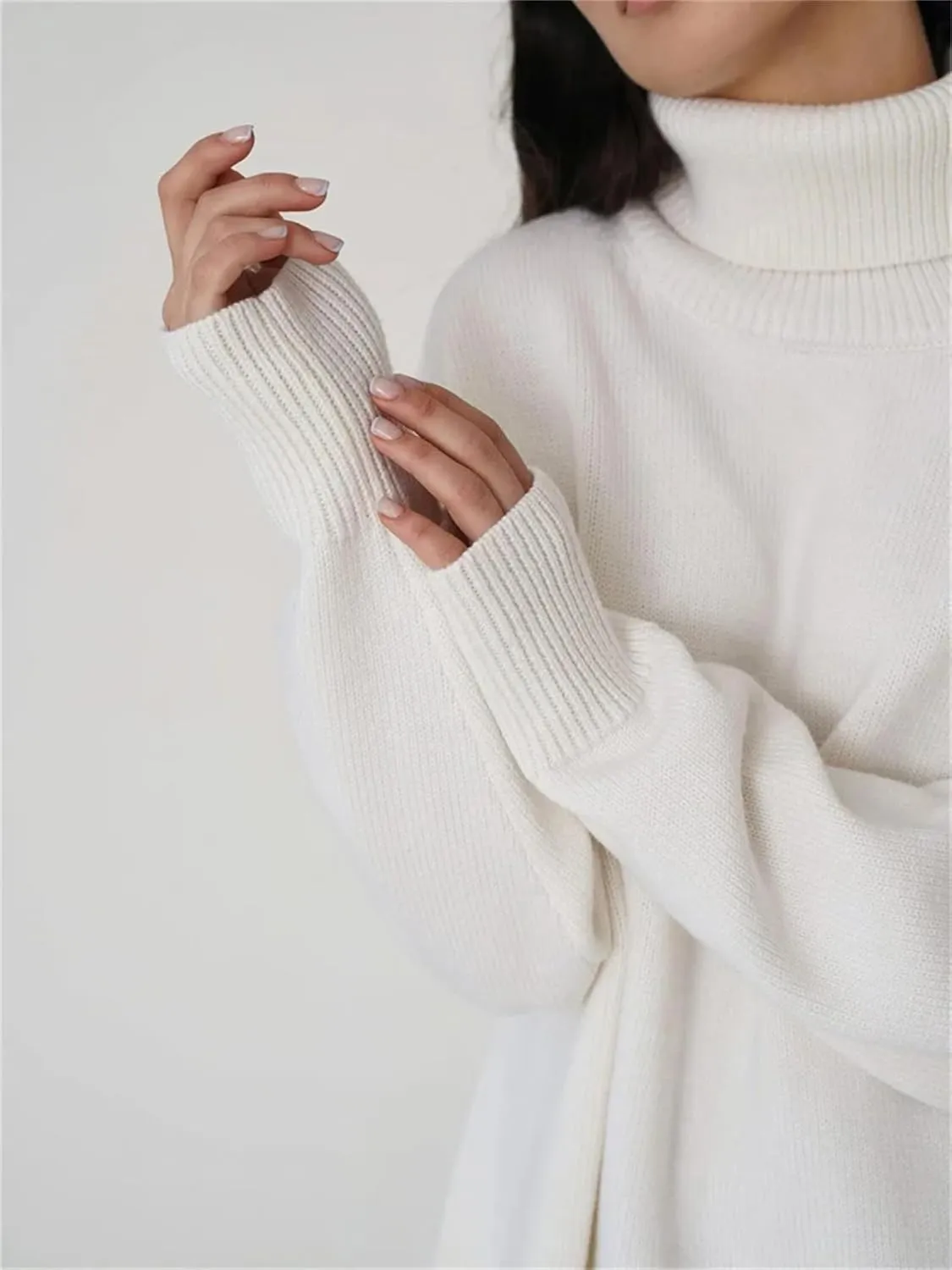 Women Patchwork Loose Solid Turtleneck Pullover Sweater Autumn Casual Long Sleeve Slim Oversized Sweater