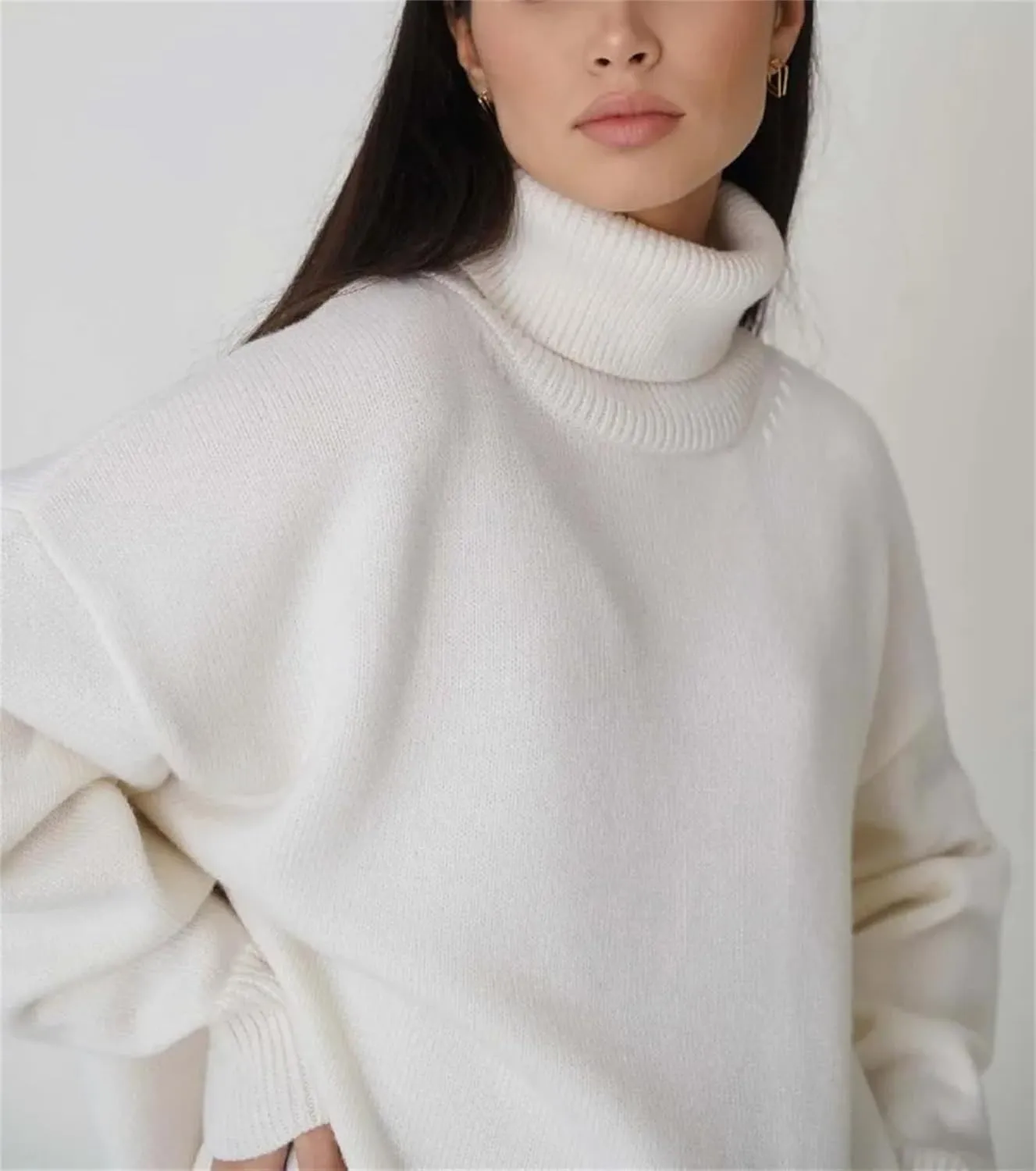 Women Patchwork Loose Solid Turtleneck Pullover Sweater Autumn Casual Long Sleeve Slim Oversized Sweater