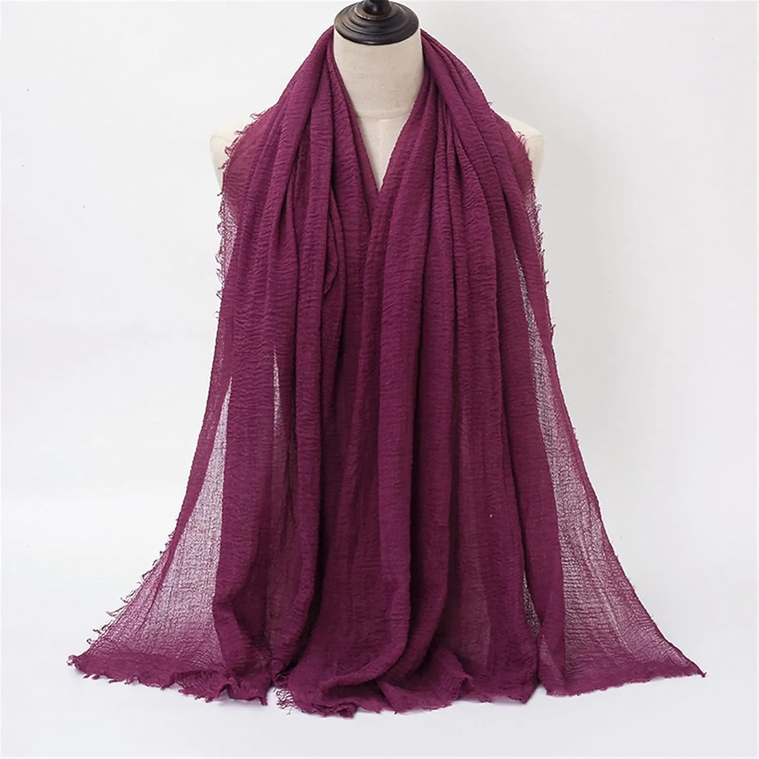 Women Solid Crinkle Vintage Soft Scarf with Fringed Long Edges Scarves Knit Hat for Women